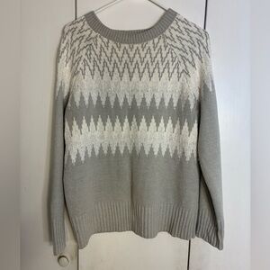 Ann Taylor FairIsle Pullover Sweater L SilverGray Sparkle Ski Winter Cotton Blnd